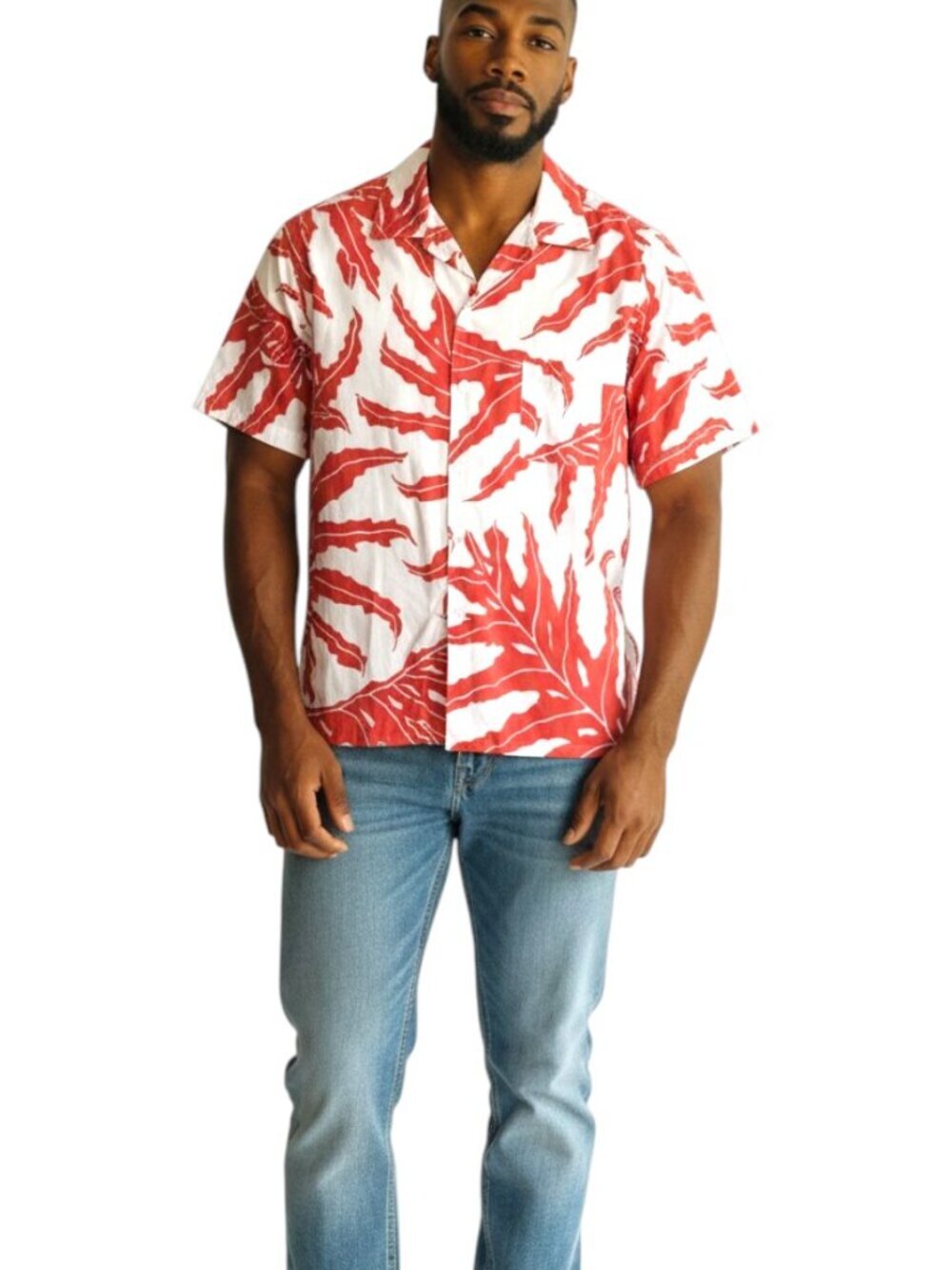 BAHAMA HAND PRINTS Mens XL Button Up Shirt Cotton White Orange Leaf Print Tropic